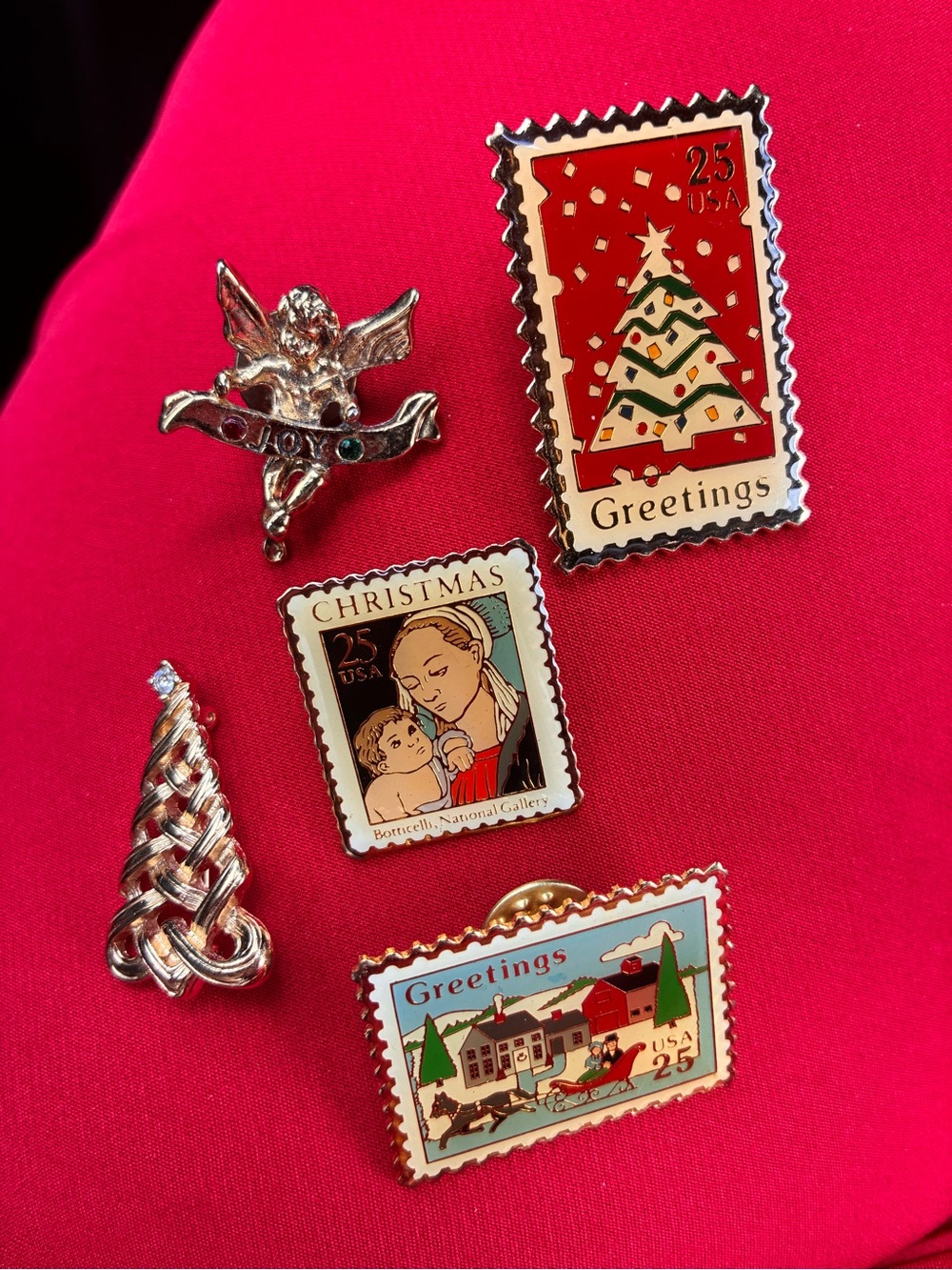 Vintage 90s Holiday Stamp & Angel Pin Set - Red